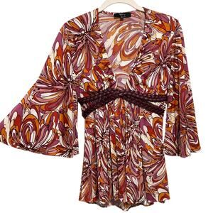 VTG Sky Y2K Babydoll Flare Sleeve Silk Top XS Red Orange 70s Hippie Festival